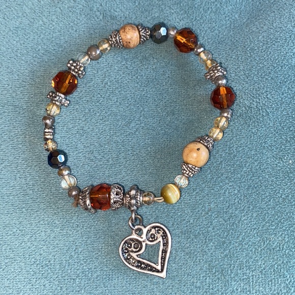 Amber Crystal Silver Wood Beads Bracelet with Heart Charm - Picture 4 of 6